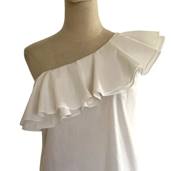 90s CHELSEA & THEODORE OFF ONE SHOULDER BOHO COTTON BLEND WHITE RUFFLE TOP SZ 8 - Picture 4 of 7